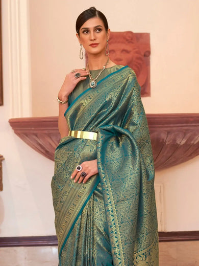 Charming Teal Blue Zari Weaving Silk Wedding Wear Saree With Blouse